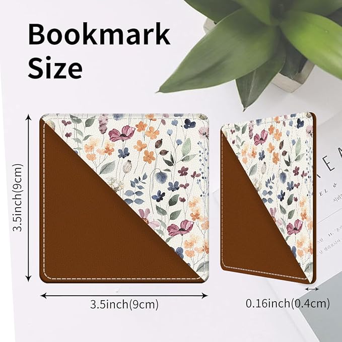 Cute Leather Bookmarks, Fun Triangle Making Corner Bookmark, Book Accessories for Reading Book Lovers, Unbreakable Page Markers for Women Men Watercolor Boho Flowers