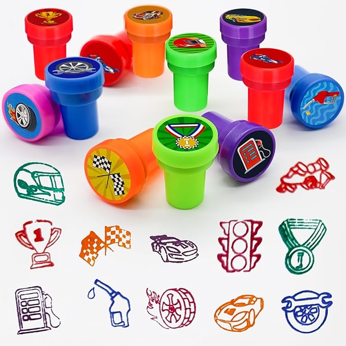 Cinrobiye 24 Pcs Race Car Stampers for Boys Girls, Racing Birthday Party Supplies Favors, Classroom Rewards, Carnival Prizes, Goodie Bag Pinata Fillers for Let’s Go Racing Checkered Flag Party