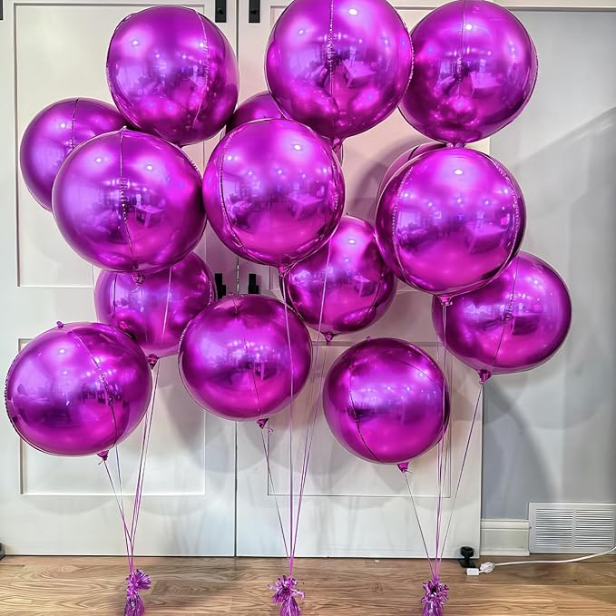 12PCS Hot Pink Round Foil Balloons, 22" 15" 10" Large 4D Ball Balloons Metallic Hot Pink Mirror Balloon for Valentines Galentines Day Wedding Women Birthday Party Decorations