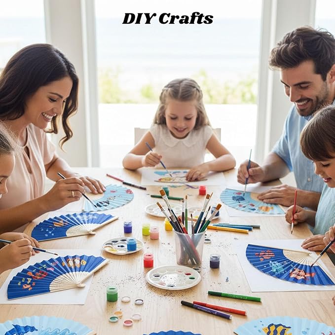 JOHOUSE 12Pcs Blue Paper Folding Hand Fans, 8.3 Inch Handheld Portable Decorative Fans for Wedding, Outdoor Party Favors, Baby Shower Decorations DIY Crafts Photography Prop