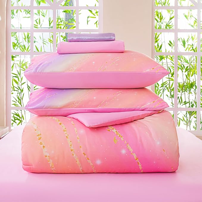 Rainbow Bedding Set Queen Size – 6-Piece Reversible Girls Comforter with Deep-Pocket Sheet, Gradient Galaxy Design, Whole-Piece Filling, Machine Washable Bed-in-a-Bag for Kids Room Makeover & Gifts