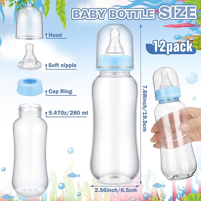 TrelaCo Cool Baby Shower Games Bottle Chug Sign and 12 Pcs Baby Bottle Shower Favor Bottles for Gender Reveal Games (Blue, Under the Sea)