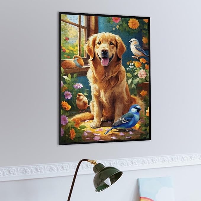 Wooden Puzzle - Garden Golden Retriever Jigsaw Puzzles，Wooden Puzzles for Adults 500 Pieces Challenge Puzzles，Educational Games，Family Puzzles，Unique Gifts for Wall Art