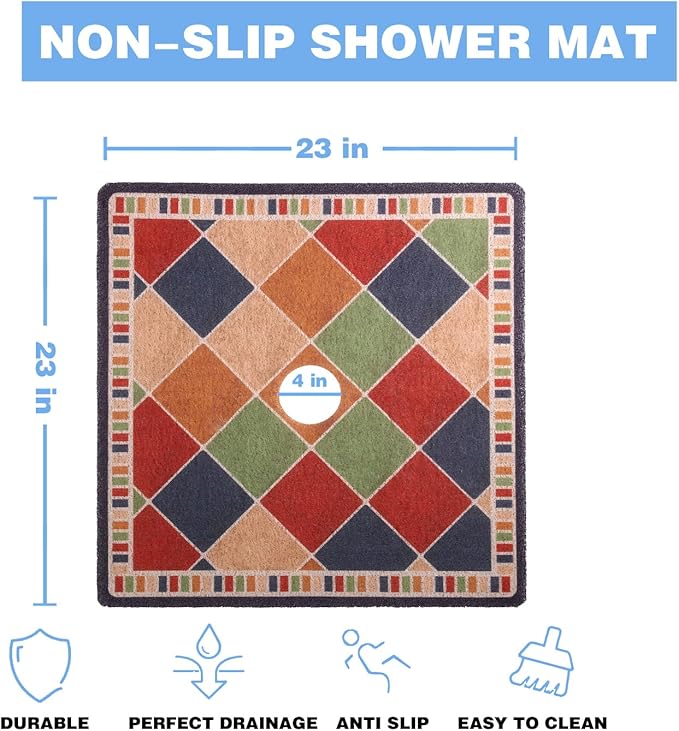 Square Shower Mat 23x23 Inch Non-Slip with Drain Hole, Shower Floor Mats for Bathroom, PVC Loofah Stall Mat, Secure Boho Bath Mats