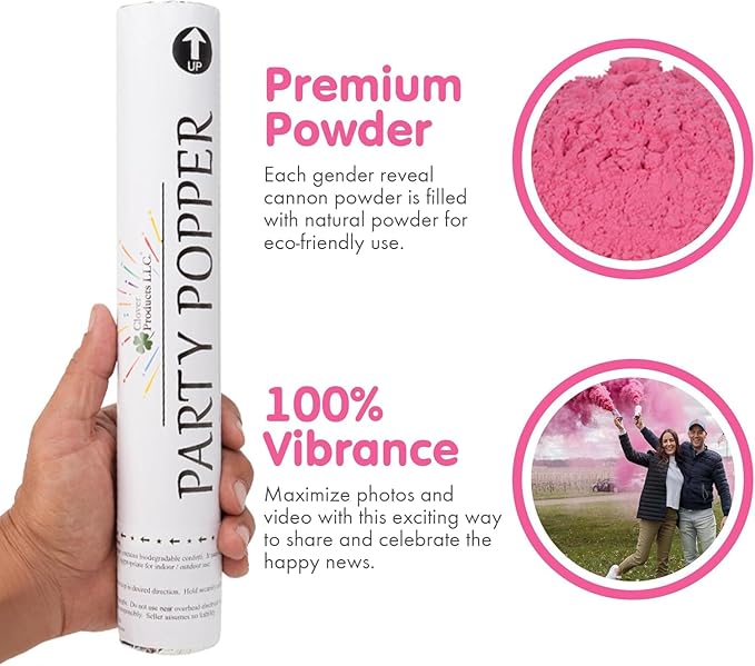 Clover Products Gender Reveal Confetti Poppers – Biodegradable Powder cannon - Pink, 4 Pack - Girl Smoke Bombs - Powder Cannon Party Poppers Pink Party Supplies- Includes FREE “It’s a Girl” Balloon