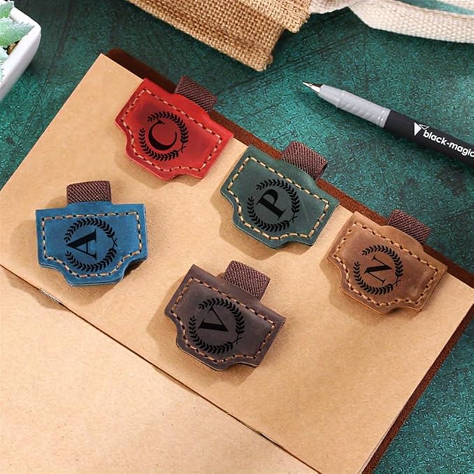 Custom Bookmark with Pen Holder with 26 Letters Personalized Magnetic Leather Book Mark, Customized Name Book Marker Clip with Initial for Men Women, Gifts for Book Lovers, Readers, (Coffee, H)
