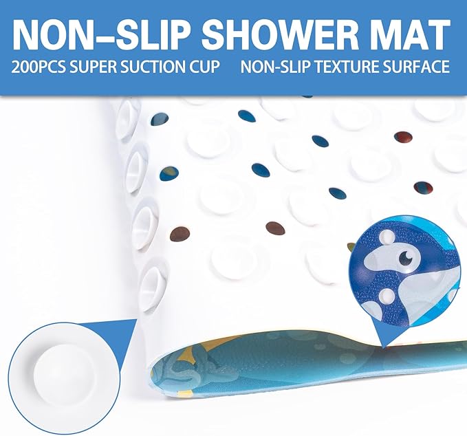 Kids Bath Mat with Ocean Theme Design, 27.6 X 13.8 inches, Non-Slip with 140 Suction Cups, Cartoon Sea Animals Pattern (Small Whale + Dolphin, 27.6 X 13.8in)