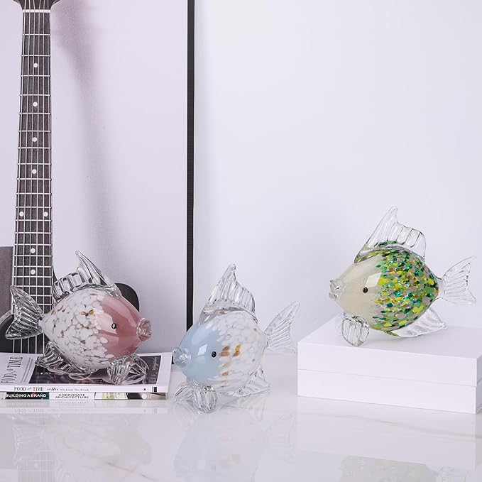 Large Hand Blown Glass Fish Figurines, Aquarium Sea Glass Art, Emerald Green Fish Statue Sculpture Modern Coastal Accent - for Beach Knick Knacks, Coffee Tables, Nautical Offices Centerpiece