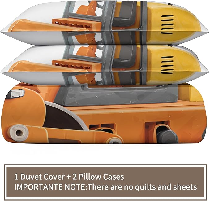 Cartoon Road Roller Bedding Set Oversized King Construction Vehicle Duvet Cover Orange Engineering Truck Comforter Cover Cartoon Children's Bed Set with Pillowcases for Bedroom