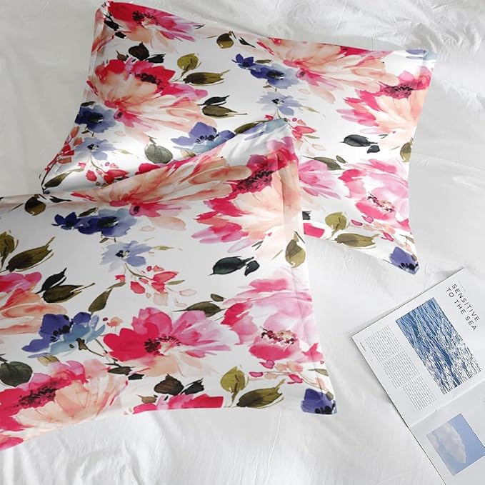 Comforter Set Queen Size, Flower Floral Leaf 7 Pcs Bedding for Kids and Adults, Painting Summer Spring Bed Sheet Sets with Fitted Sheet 2 Pillowcases & 2 Shams for Bedroom Bed Decor