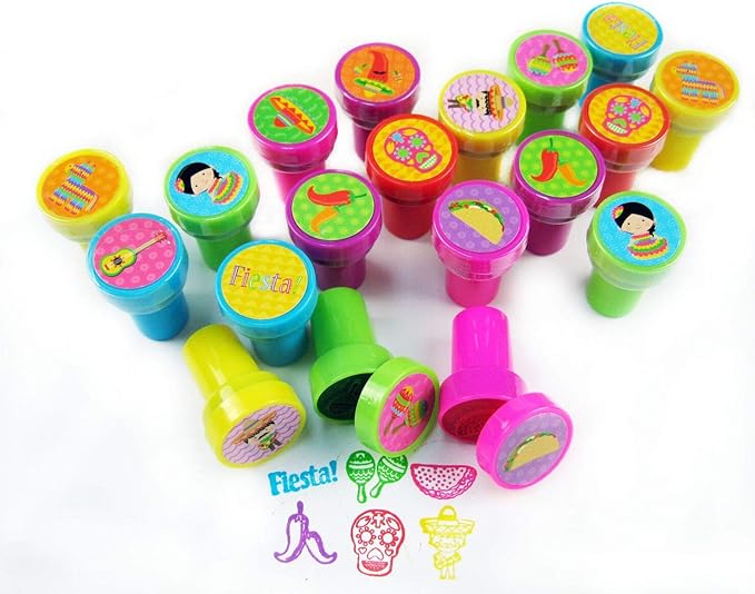 TINYMILLS 24 Pcs Fiesta Stampers for Kids, Birthday Party Favors, Pinata Fillers, Goody Bag Filler Treats, Classroom Rewards, Cinco de Mayo Party Favors