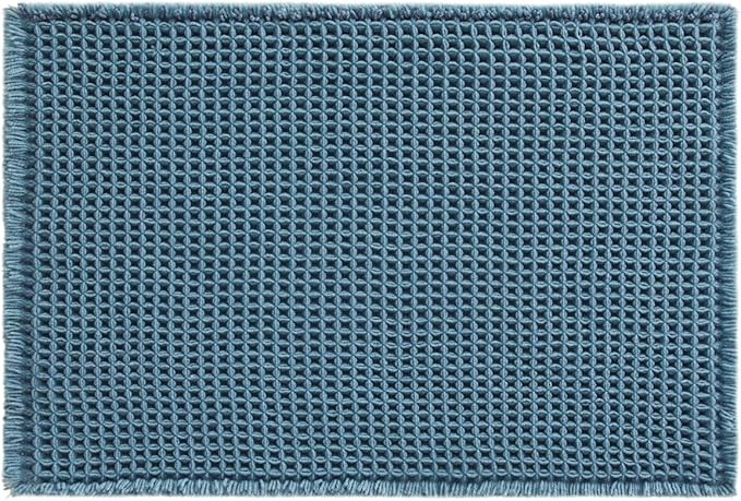 Waffle Bath Mat, Boho Bathroom Rugs Non Slip Washable Super Absorbent Quick Dry Bath Mat Farmhouse Bathroom Decor, 36"x24" Denim Blue