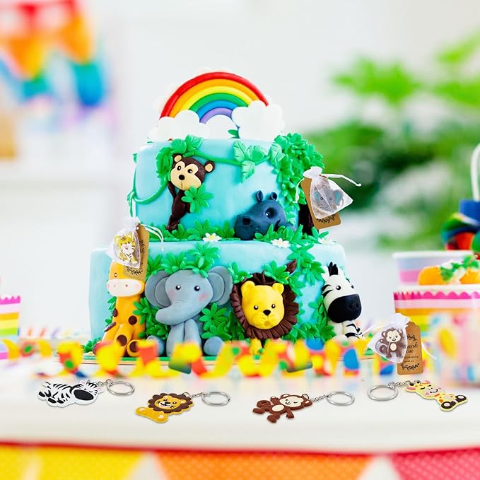 270 Pieces Cute Jungle Animal Keychains Safari Baby Shower Decorations Zoo Animals Decoration with Thanks Tags and Organza Bags for Birthday Favor