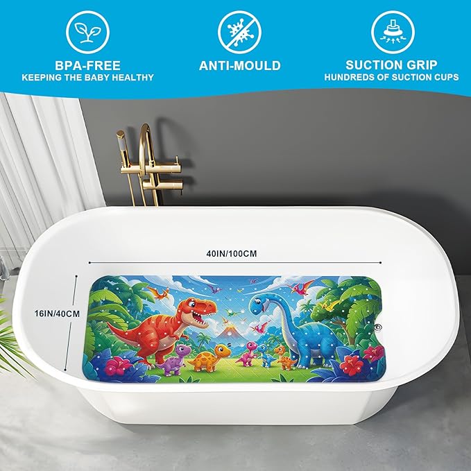 XIYUNTE Baby Bath Mat for Tub Non Slip Kids Bath Mat - 40''x16'' Extra Long Cartoon Bathtub Mat Non Slip Kids Shower Mat Eco-Friendly Toddler Bath Mats with Suction Cups, Machine Washable, Dinosaur