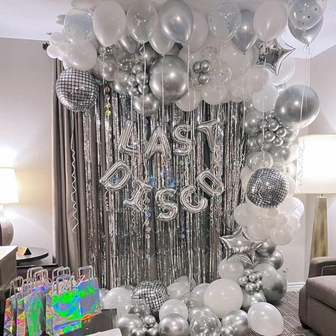 22 Inch Large 4D Metallic Silver Disco Ball Balloon with Explosion Star Foil Balloons for 70s 80s 90s Themed Party, Birthday, New Year, Graduation