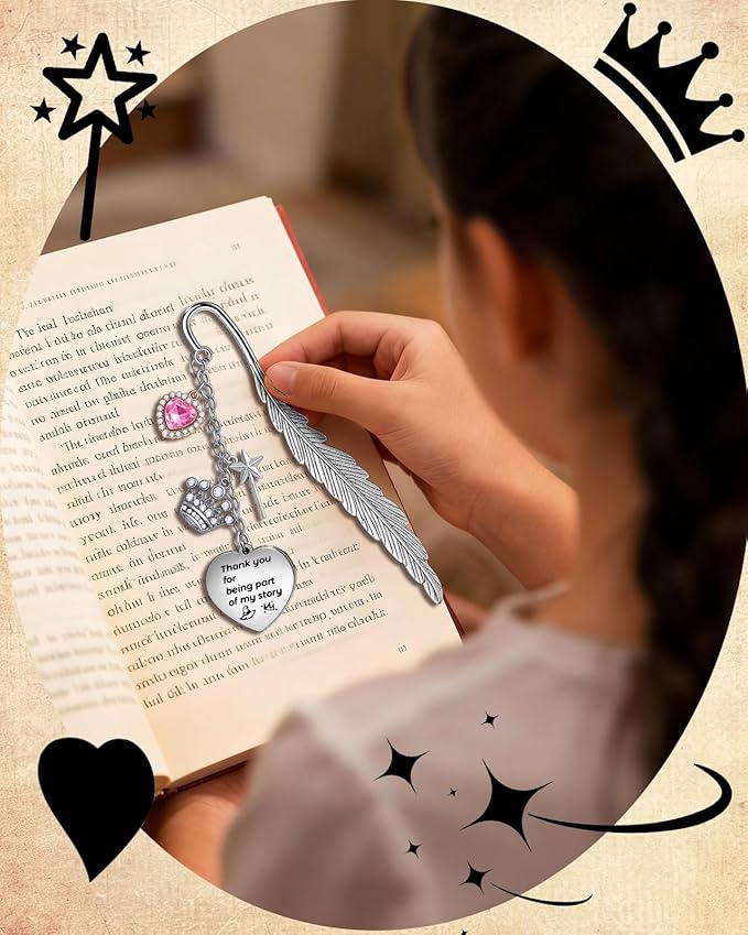 Buleens Bookmarks for Women Reading - Book Marks for Readers Book Lovers, Feather Fantasy Witch Pink Personalized Metal Bookmark with Pendants, Pretty and Aesthetic Book Accessories Reading Gifts