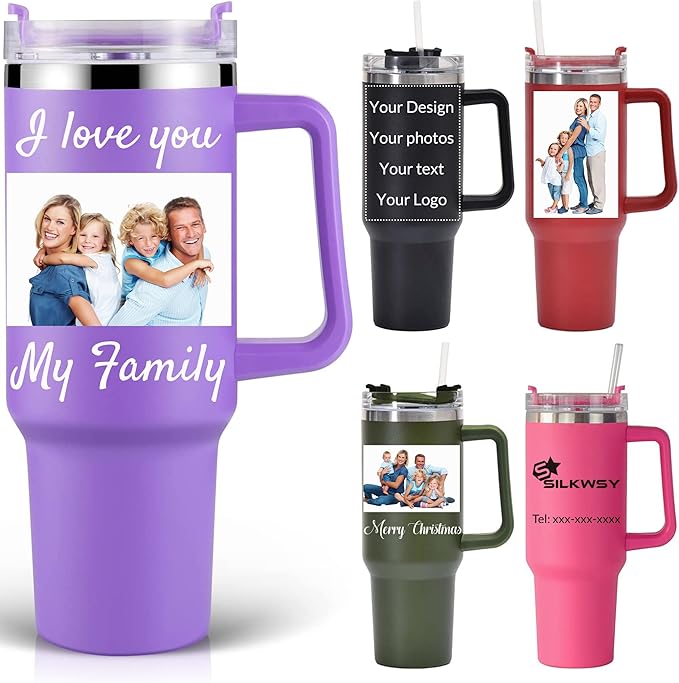 Personalized Tumbler With Handle-Custom 40oz Travel Cup With Lid And Straw-Laser Engraved With Name,Logo,Text,Image-Personalized Gifts For Mom,Dad,Birthday