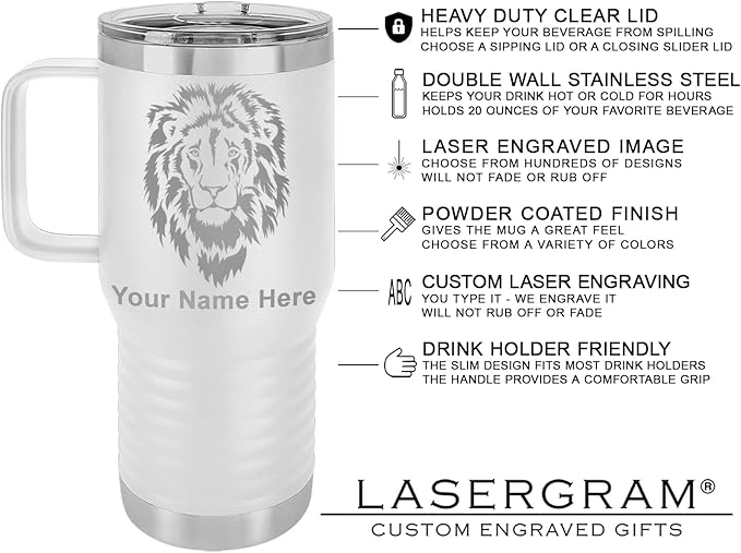 LaserGram 20oz Vacuum Insulated Travel Mug with Handle, Cup Cake, Personalized Engraving Included (White)