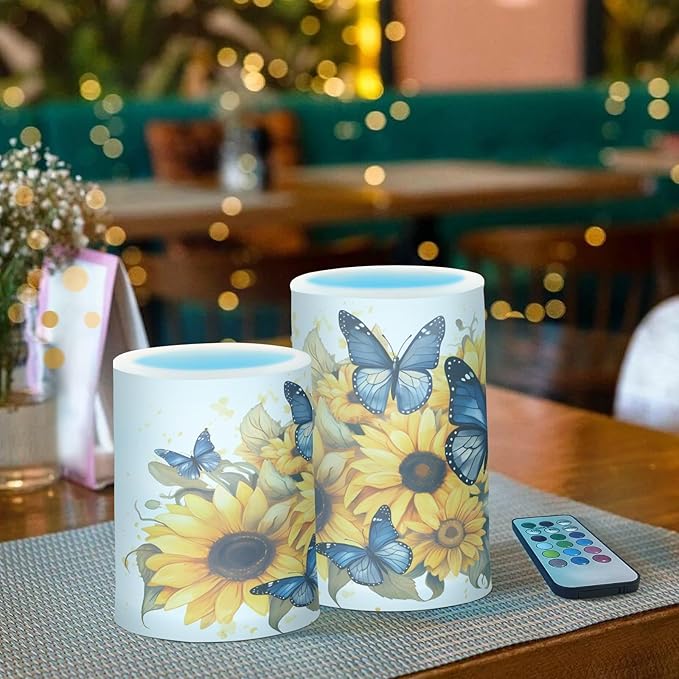 ALAZA Blue Butterflies Sunflowers Flickering Flameless Candles Battery Operated with Remote Timer,Tea Light Candles LED Pillar Votive Candles Set of 2 for Outdoor Indoor Decorations