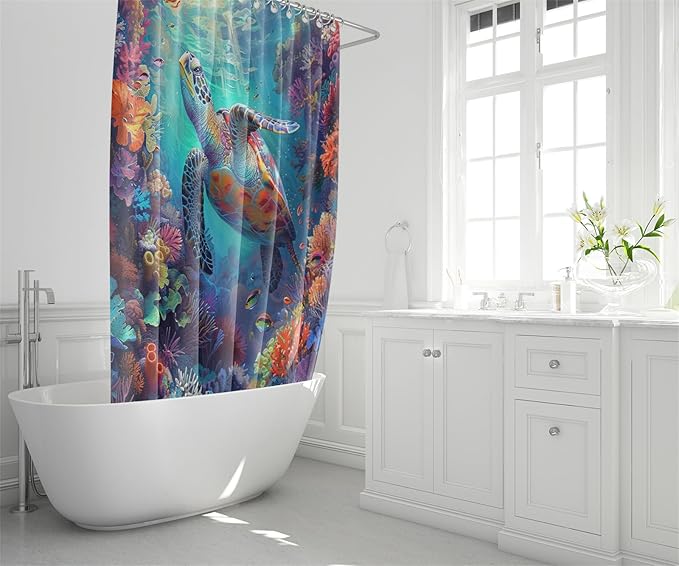 4 Pcs Kids Shower Curtain Set - Sea Turtle Shower Curtain Set Sea Turtle Bathroom Set with Rug,Toilet Cover and Bath Mat with 12 Hooks