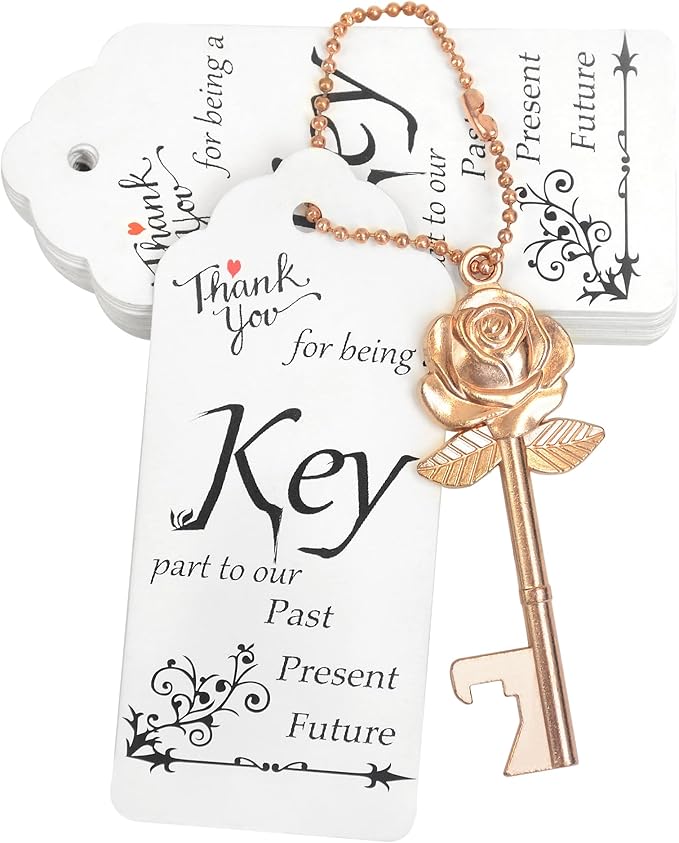 Aokbean 100 PCS Rose Flower Shaped Keys Wedding Favors Gift for Guest Bulk Skeleton Key Bottle Opener with Card and Chain for Rustic Party Bridal Showers Decorations (Rose Gold)