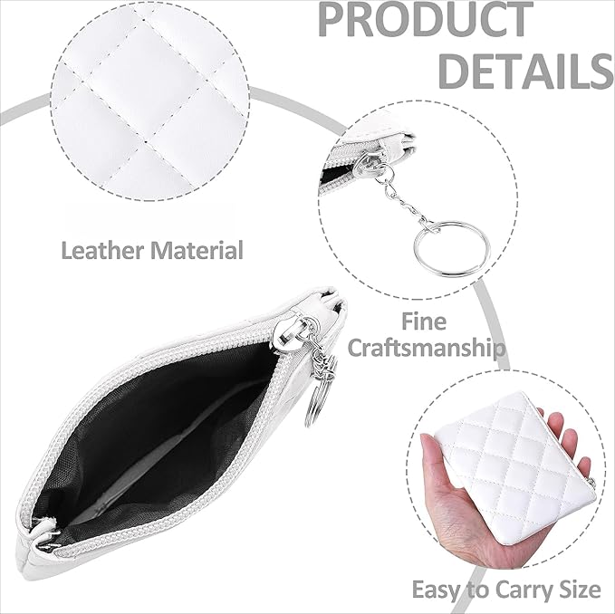 Real Leather Coin Purse with Rhombus Embroidery Zipper Keychain Mini Wallet for Women & Men (White)