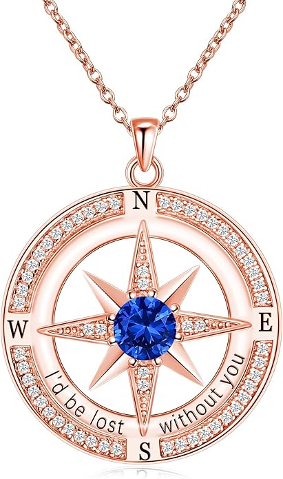 S925 Necklace Birthstone Compass Gift for Women Jewelry Sterling Silver Necklace for Wife Wedding Anniversary Girlfriend Birthday Gifts for Her Valentines Day Mom Mothers Day