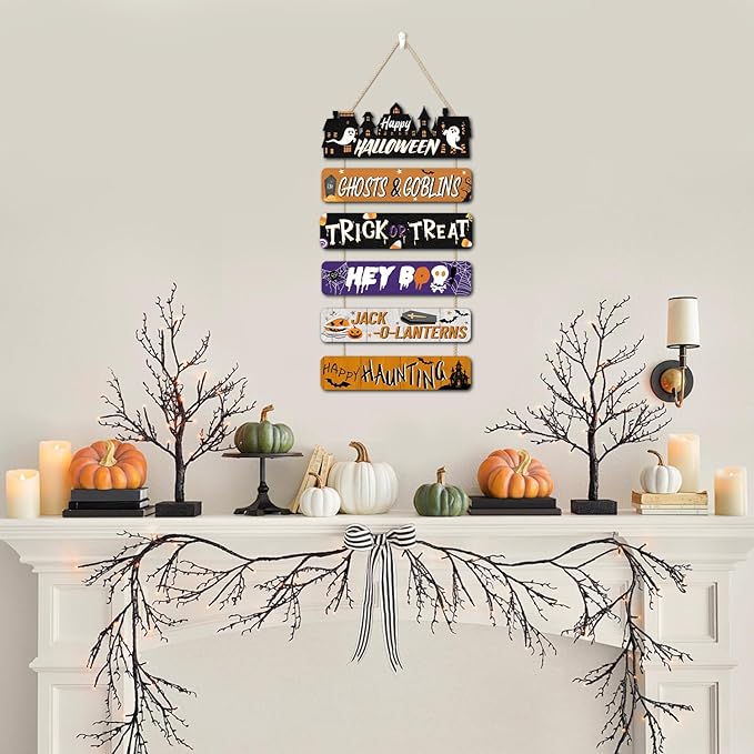 CHDITB Happy Halloween Wooden Sign, Spooky Ghosts Goblins Wood Hanging Plaque, Halloween Front Door Sign, Festive Wall Art Sign Hanger, Seasonal Holiday Wall Decor for Outdoor Porch Yard Party Decor