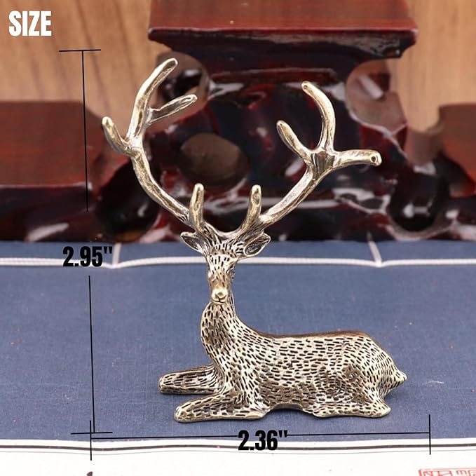Christmas Brass Deer Figurines,Mini Solid Brass Statue,2Pcs Miniature Deer Statues for Christmas Decor, Home Decorations