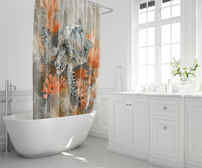 4 Pcs Kids Shower Curtain Set - Sea Turtle Shower Curtain for Bathroom Ocean Themed Shower Curtain Turtle Bathroom Accessories with Rug,and Bath Mat with 12 Hooks