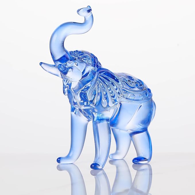 Crystal Elephant Figurine, Glass Statue Gifts, Crystal Animals Collectible Tabletop Decoration Elephant Sculpture with Trunk Up (Blue)