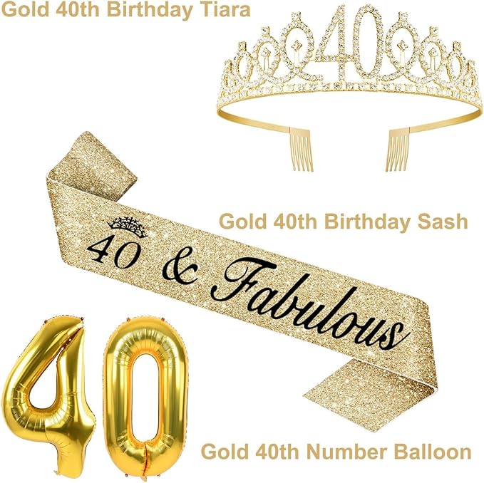 40th Birthday Decorations Women Gold with Sash and Tiara, Cake Topper and Candles, Number Balloons, 40th Birthday Gifts for Women