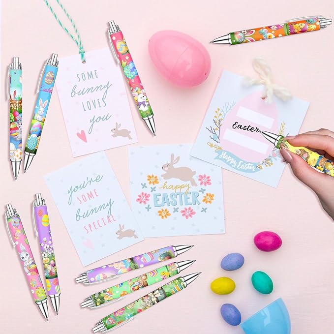 Spring Easter Ballpoint Pens Set of 10 – Bunny and Easter Egg Design with Cheerful Spring Words – Smooth Black Ink Writing Pens for Seasonal Gifts, Party Favors, Office, and Everyday Writing