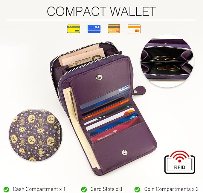 Genuine Small Wallet for Women, Slim RFID Blocking Credit Card Holder with ID Window, Compact Purses for Women with 26 Card Slots