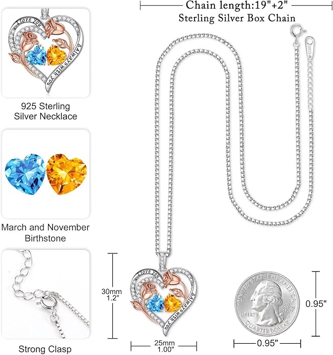 Iefil Valentines Day Gifts for Her - 925 Sterling Silver Rose Heart Birthstone Necklace Birthday Anniversary Jewelry Gifts for Her Wife Mom Daughter