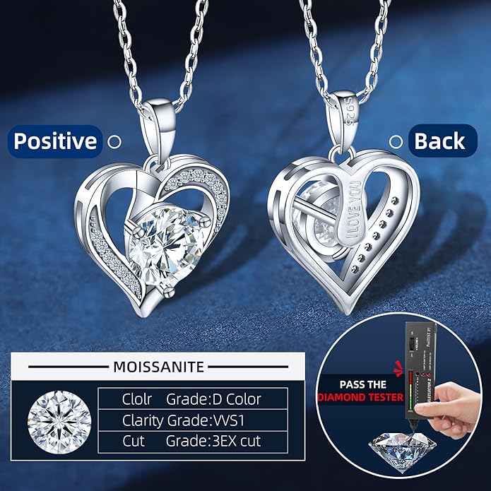Moissanite Necklace for Women 1.0ct D Color, Sterling Silver Heart Necklace, Anniversary Gifts for Women, Making It A Perfect Gift for Your Wife, Girlfriend Mom