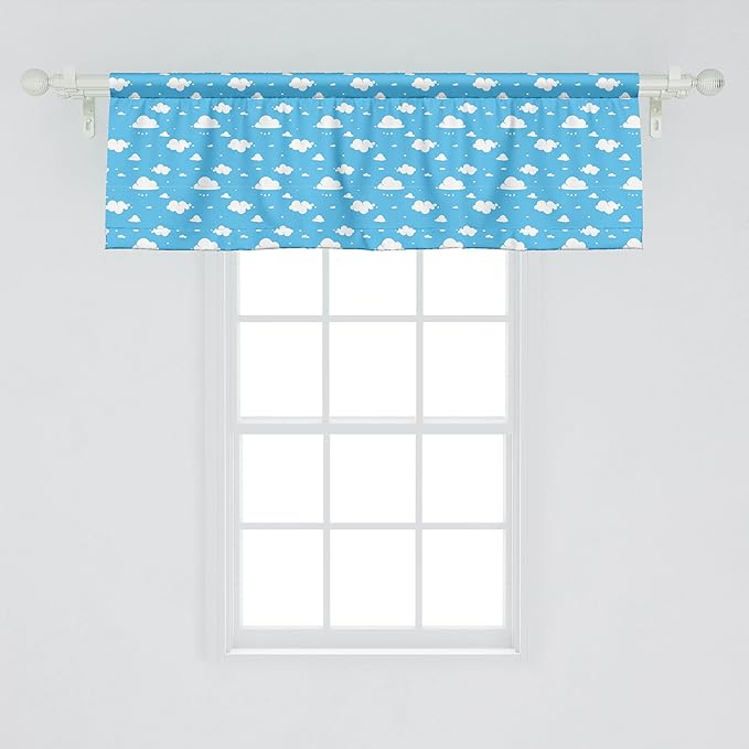 Ambesonne Sky Blue Window Valance Pack of 2, Fluffy Clouds Day Time Illustration Cheerful Heavenly Cartoon, Rod Pocket Curtain Valances for Kitchen Bedroom, 54" X 18", Deep Sky Blue and White