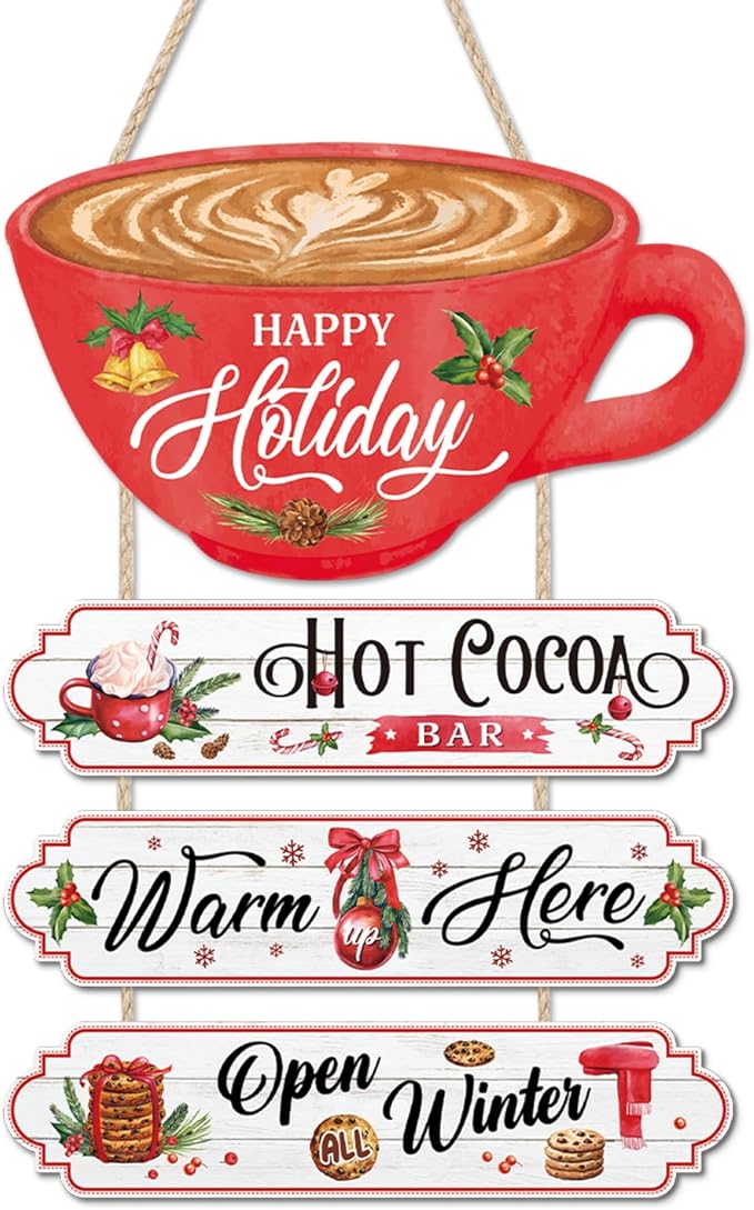 CHDITB Christmas Decor Hanging Wood Sign, Hot Cocoa Bar Wall Plaque, Christmas Theme Winter Art Wooden Signs Happy Holiday Party Hot Cocoa Porch Sign 4pcs Kitchen Cafe Coffee Bar Wall Art Xmas Decor