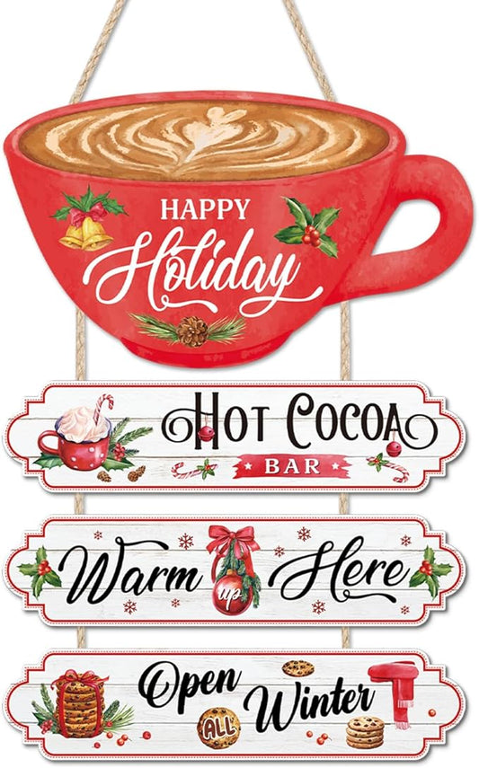 CHDITB Christmas Decor Hanging Wood Sign, Hot Cocoa Bar Wall Plaque, Christmas Theme Winter Art Wooden Signs Happy Holiday Party Hot Cocoa Porch Sign 4pcs Kitchen Cafe Coffee Bar Wall Art Xmas Decor