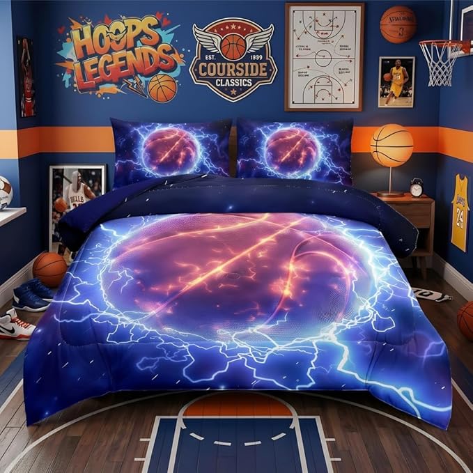 Helloosun 5PCS Basketball Comforter Set Twin,Sports Bedding Sets for Boys,Twin Comforter Sets for Boys,Blue Lightning Basketball Bedding Set with Sheets