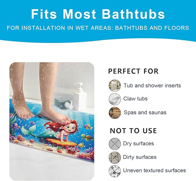 XIYUNTE Baby Bath Mat for Tub Non Slip Kids Bath Mat - 40''x16'' Extra Long Cartoon Bathtub Mat Non Slip Kids Shower Mat Eco-Friendly Toddler Bath Mats with Suction Cups, Machine Washable, Mermaid