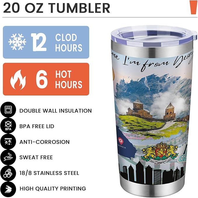 20oz Insulated Tumbler Georgia State Coffee Mug, United States Map Travel Mug Landmark, Birthday Gifts Cute Custom Tumbler Cups with Lid and Straw Mothers Day Gifts