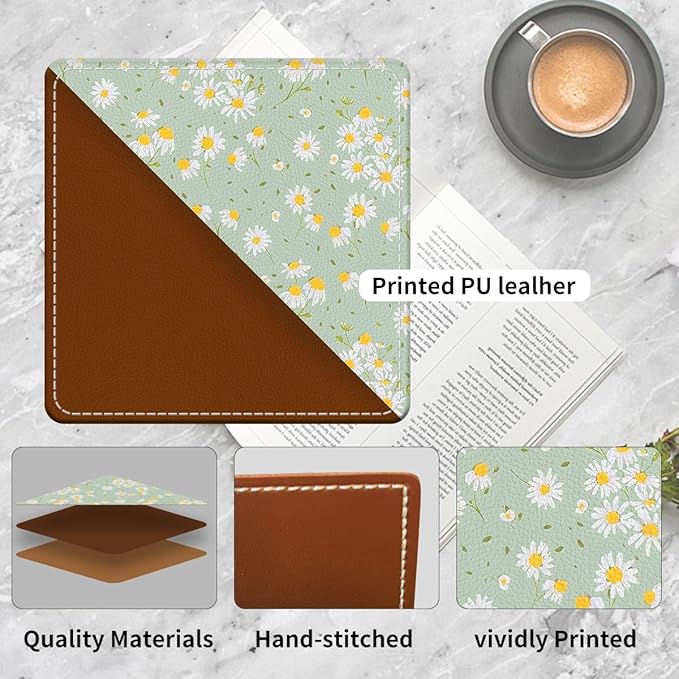 Cute Leather Bookmarks, Fun Triangle Making Corner Bookmark, Book Accessories for Reading Book Lovers, Unbreakable Page Markers for Women Men Cute Green Daisy