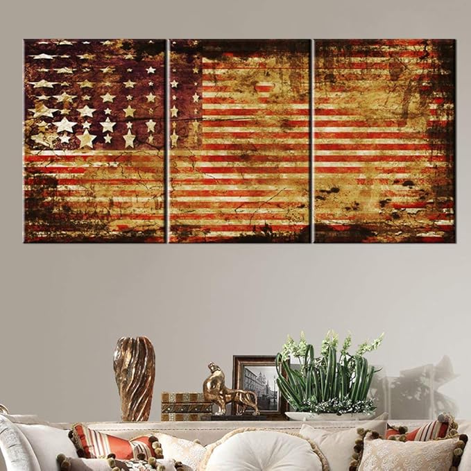 Native American Decor Grunge USA Flag Picture Patriotic Paintings Stars Stripes Wall Art 3 Piece Printed on Canvas Modern Artwork for Home Framed Stretched Ready to Hang in Living Room(42''Wx20''H)