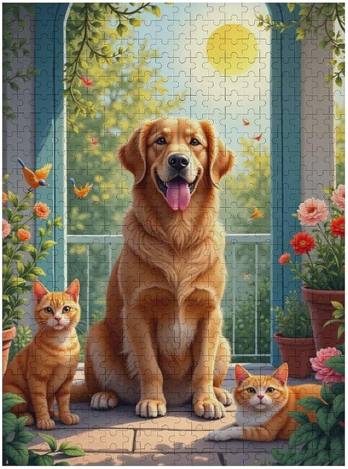 Puzzles for Adults 500 Pieces Wooden Jigsaw Puzzle - Garden Golden Retriever Theme Puzzle，Party Games，Family Toys，Educational Puzzles，Stress Relief Wooden Puzzle，Gifts for Family and Friends