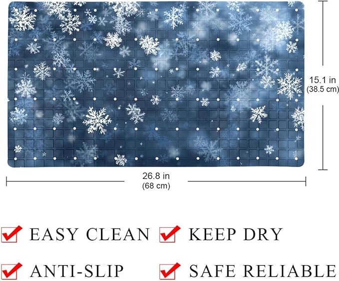 Bath Tub Mat Non Slip 15.1 x 26.8 Inch, Christmas Winter White Snowflakes Blue Background Eco Friendly Bathmat with Suction Cups Drain Holes Shower Tub Mats