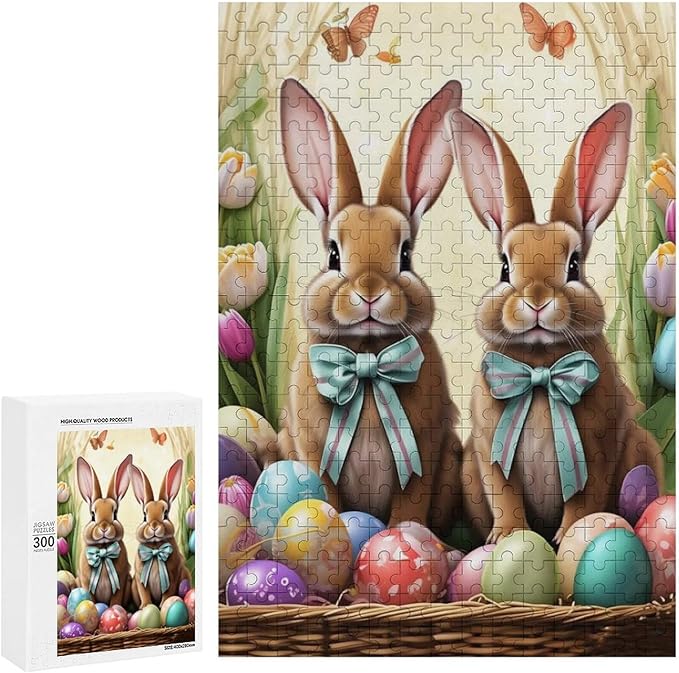 Wooden Puzzle - Easter Bunny and Eggs Jigsaw Puzzles，Wooden Puzzles for Adults 300 Pieces Challenge Puzzles，Educational Games，Family Puzzles，Unique Gifts for Wall Art