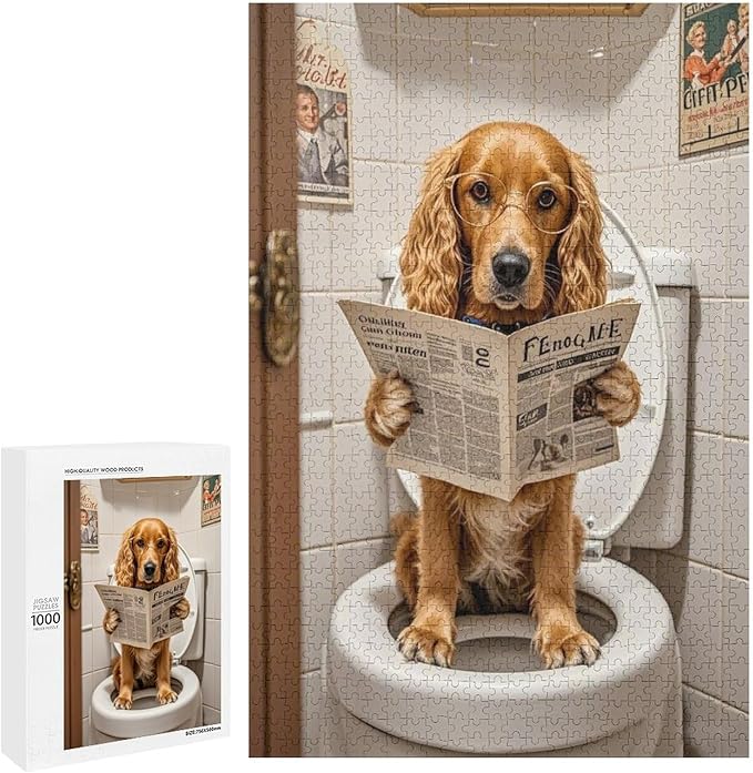 Funny Wooden Puzzle - Goldendoodle on Toilet Reading Newspaper Puzzle for Adult 1000 Piece，Wooden Jigsaw Puzzles Art Leisure Game Fun Suitable Family Friends Educational Learning Games Gift