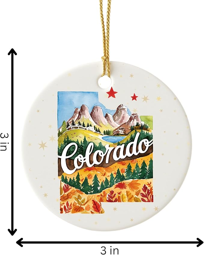 USA State Landmark Ceramic Ornament – Round Glossy Christmas Decoration Featuring U.S. State Art, Landmarks & Holiday Scenery – Collectible Travel Souvenir Ornament Series (Colorado)