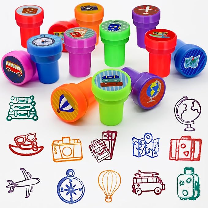 Cinrobiye 24 Pcs Adventure Travel Stampers for Boys Girls, Bon Voyage Birthday Party Supplies Favors, Classroom Rewards, Carnival Prizes, Goody Bag Pinata Fillers for Let the Adventure Begin Party